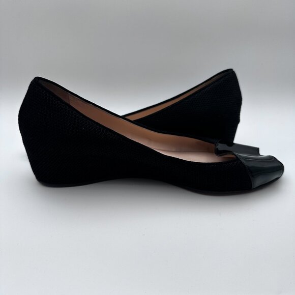 Aquatalia‎ Black Fabric Wedge Heel Flats patent Leather Peep Toe Womens Sz 9 - Picture 8 of 11